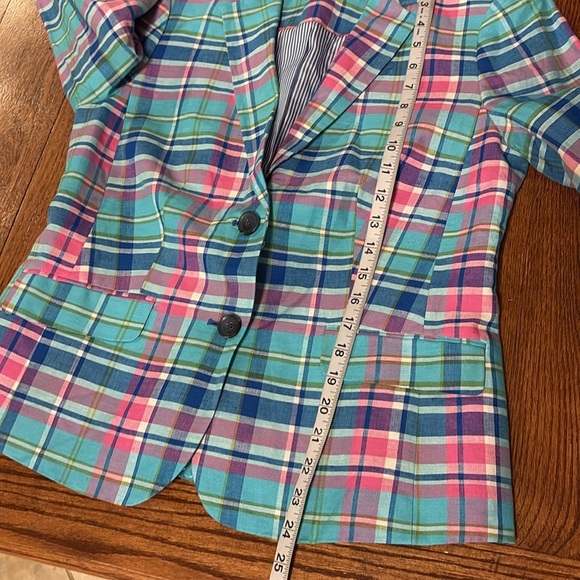 NWOT Talbots Madras linen plaid sunshine blazer 2 button front ruffle cuff 6 - Picture 9 of 17